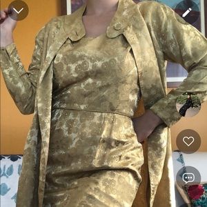 VTG - 60s Oriental Gold Silk Dress and Jacket Set